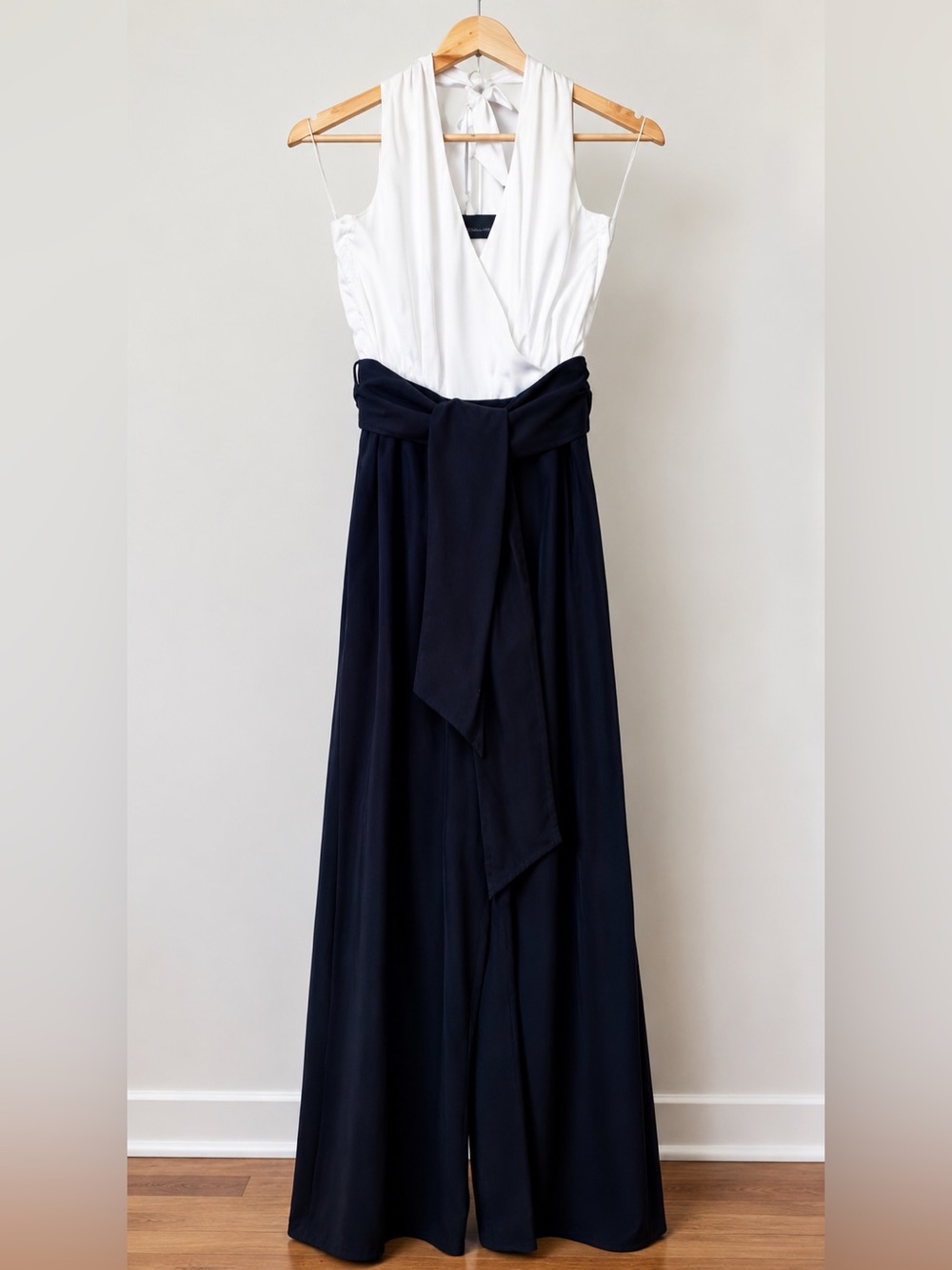 H&M Satin Halter Wide Leg Jumpsuit Black & Ivory Size 4 - Picture 2 of 7